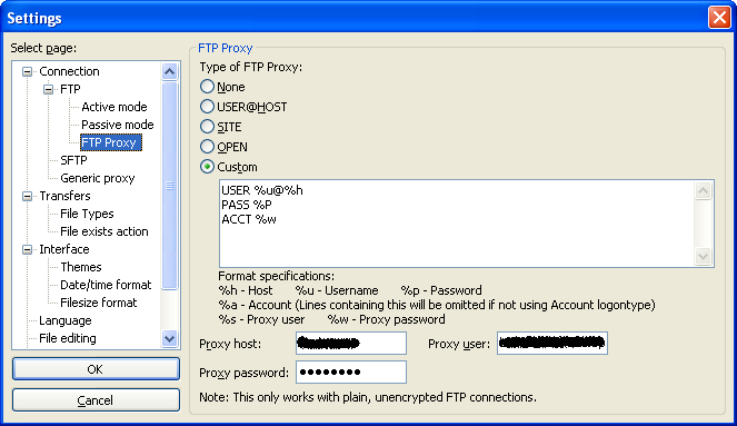 FTP Proxy config in FileZilla